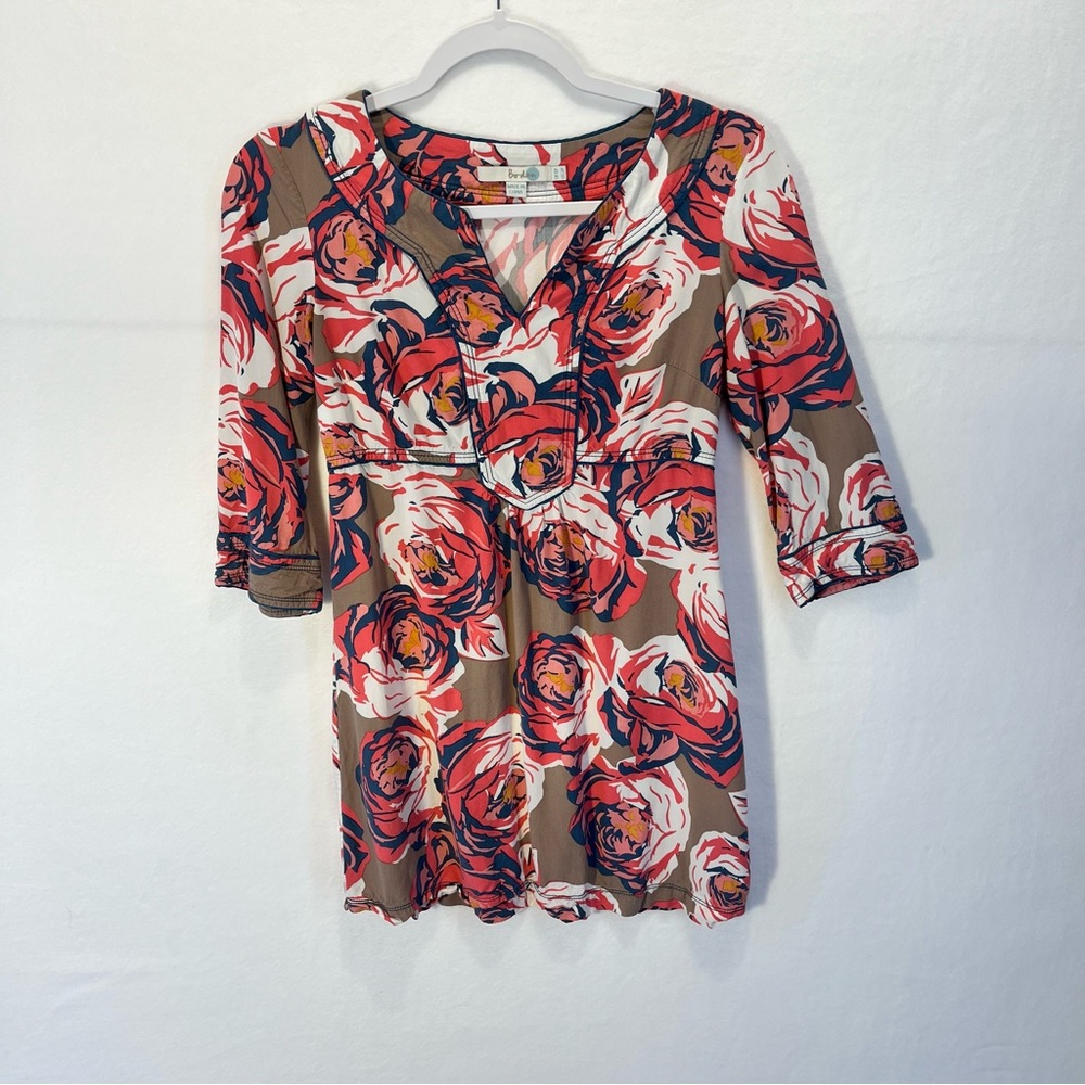 Boden Womens Floral Print 3/4 Sleeve Tunic Top Blouse Size US 2P Tan Blue